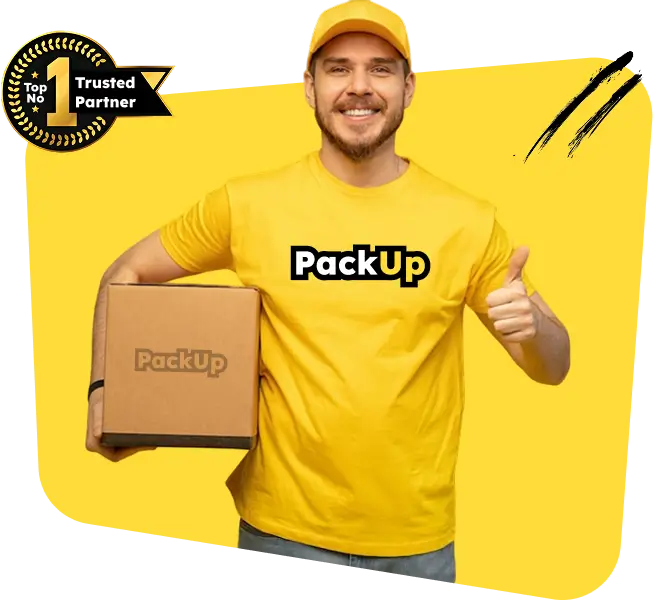 PackUp Mover holding a box, smiling with a thumbs up